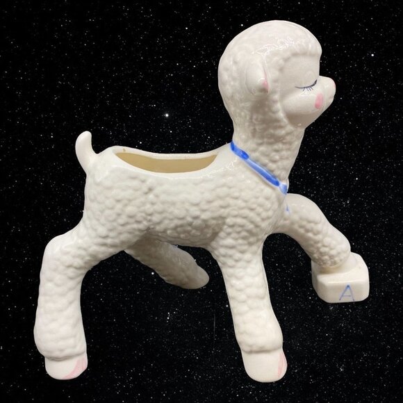 Vintage Art Pottery ABC BLOCK Nursery Sheep Planter Hand Painted 9”T 10”W - Picture 1 of 7